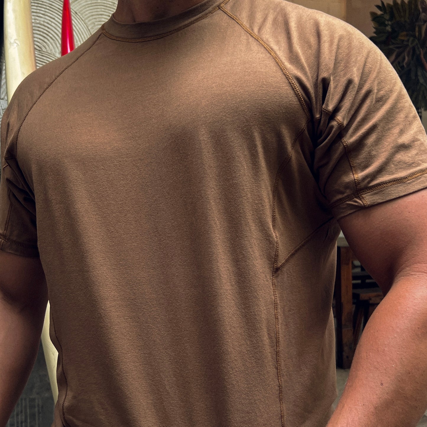 Person wearing a brown bamboo t-shirt with a blurred background